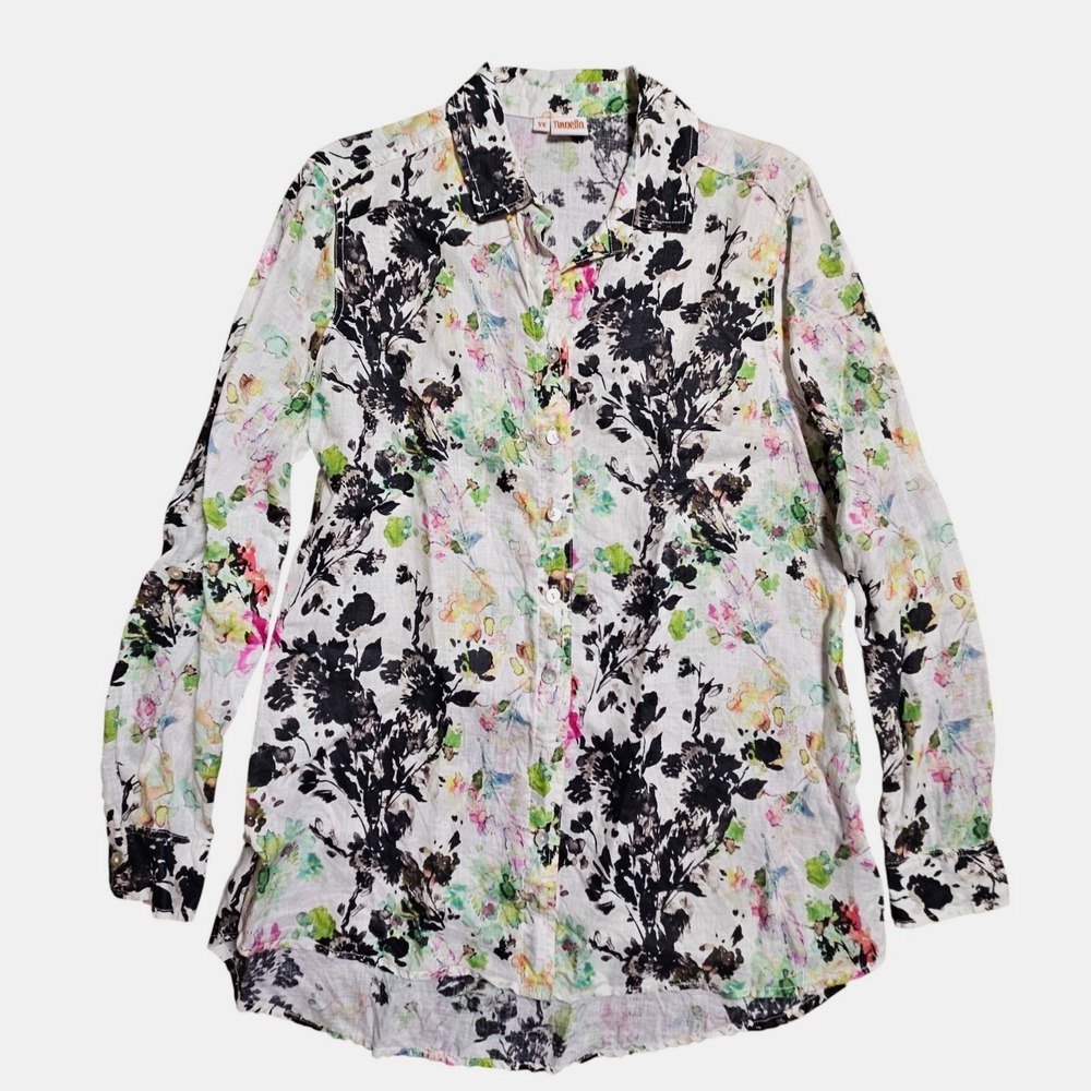 Tianello Quito Print Garment Dyed Linen Button Up Top Floral Tunic XS Watercolor